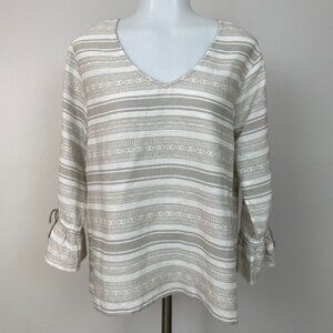 Garnet Hill Top 12 Ivory Beige Striped Organic Cotton Bell Sleeve Women's